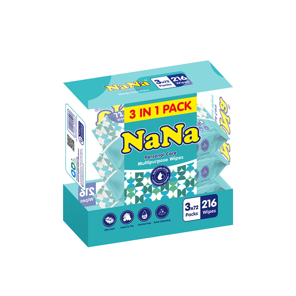 Nana Regular Multipurpose Wipes (3In1) 216 Wipes 3 packs x 72 pcs