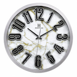 Heritage Nova 3D Wall Clock 15 Inch CLK-045_B – Modern Silver Frame Marble Effect Decorative Analog Wall Clock