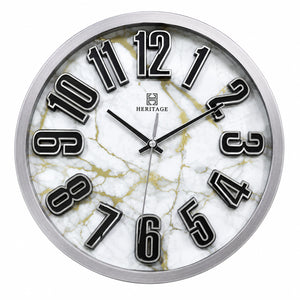 Heritage Nova 3D Wall Clock 15 Inch CLK-045_B – Modern Silver Frame Marble Effect Decorative Analog Wall Clock