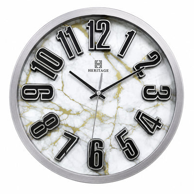 Heritage Nova 3D Wall Clock 15 Inch CLK-045_B – Modern Silver Frame Marble Effect Decorative Analog Wall Clock