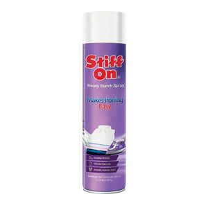A can of Stiff On Heavy Starch Spray with a purple label and white cap, shown on a plain white background.