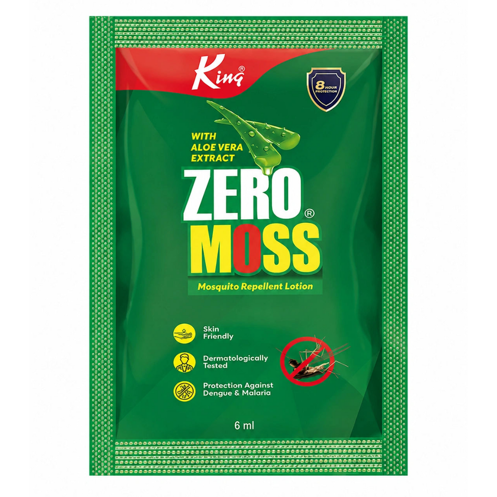 King Zero Moss Mosquito Repellent Lotion 6ml sachet, featuring a green packaging design with a red top banner, white and yellow text, and a mosquito repellent icon.