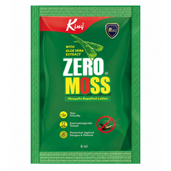 King Zero Moss Mosquito Repellent Lotion 6ml sachet, featuring a green packaging design with a red top banner, white and yellow text, and a mosquito repellent icon.