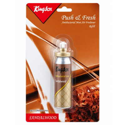 Kuangbox Push & Fresh Antiseptic Mini Air Freshener refill in Sandalwood scent, packaged in a brown cardboard blister pack with a small metallic spray can visible inside.
